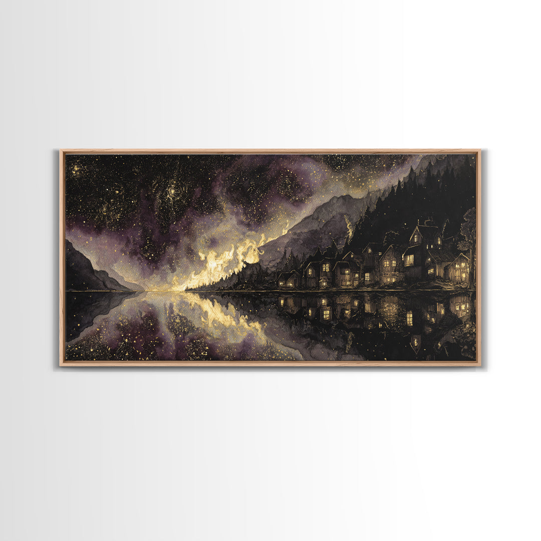 The Mirror Lake Of Lost Constellations, Macabre Halloween Art, Wide Panoramic Art, Canvas Print, Halloween Home Decor, Gothic Wall Art