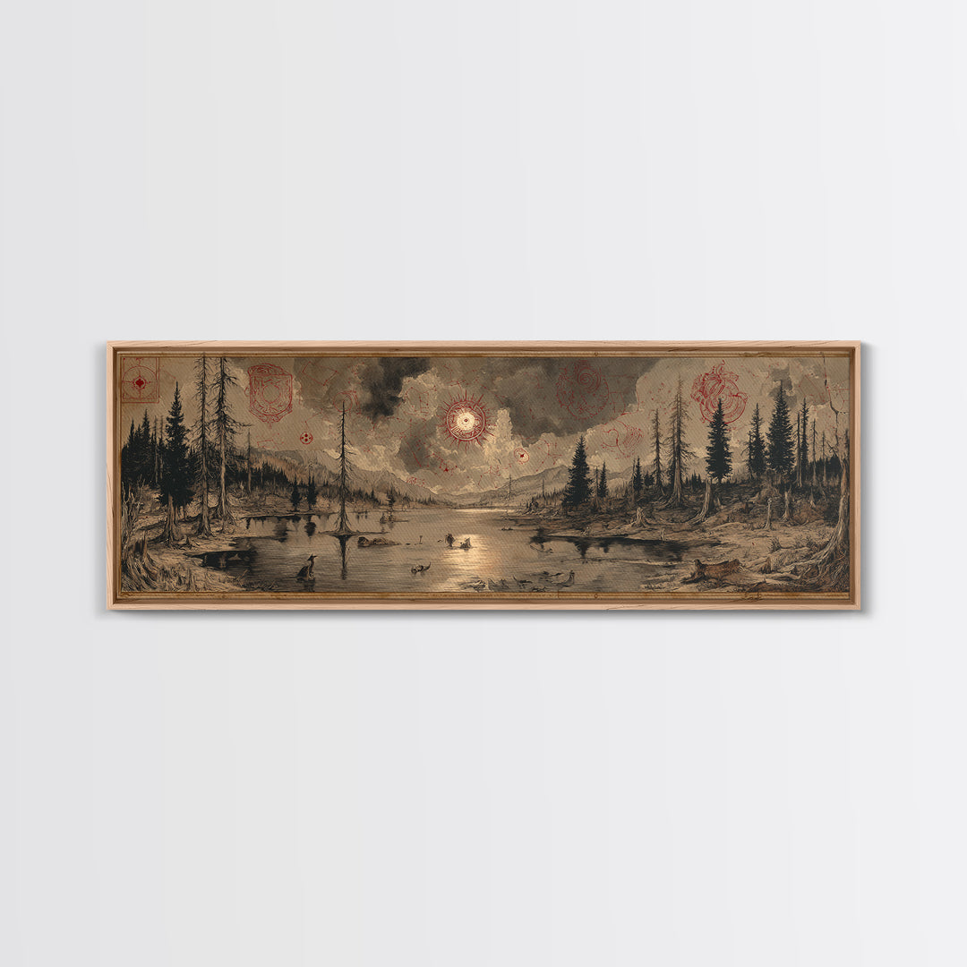The Mirror Lake Of Lost Constellations, Occult Wall Decor, Extra Wide Wall Art, Framed Canvas Print, Halloween Home Decor, Gothic Wall Art