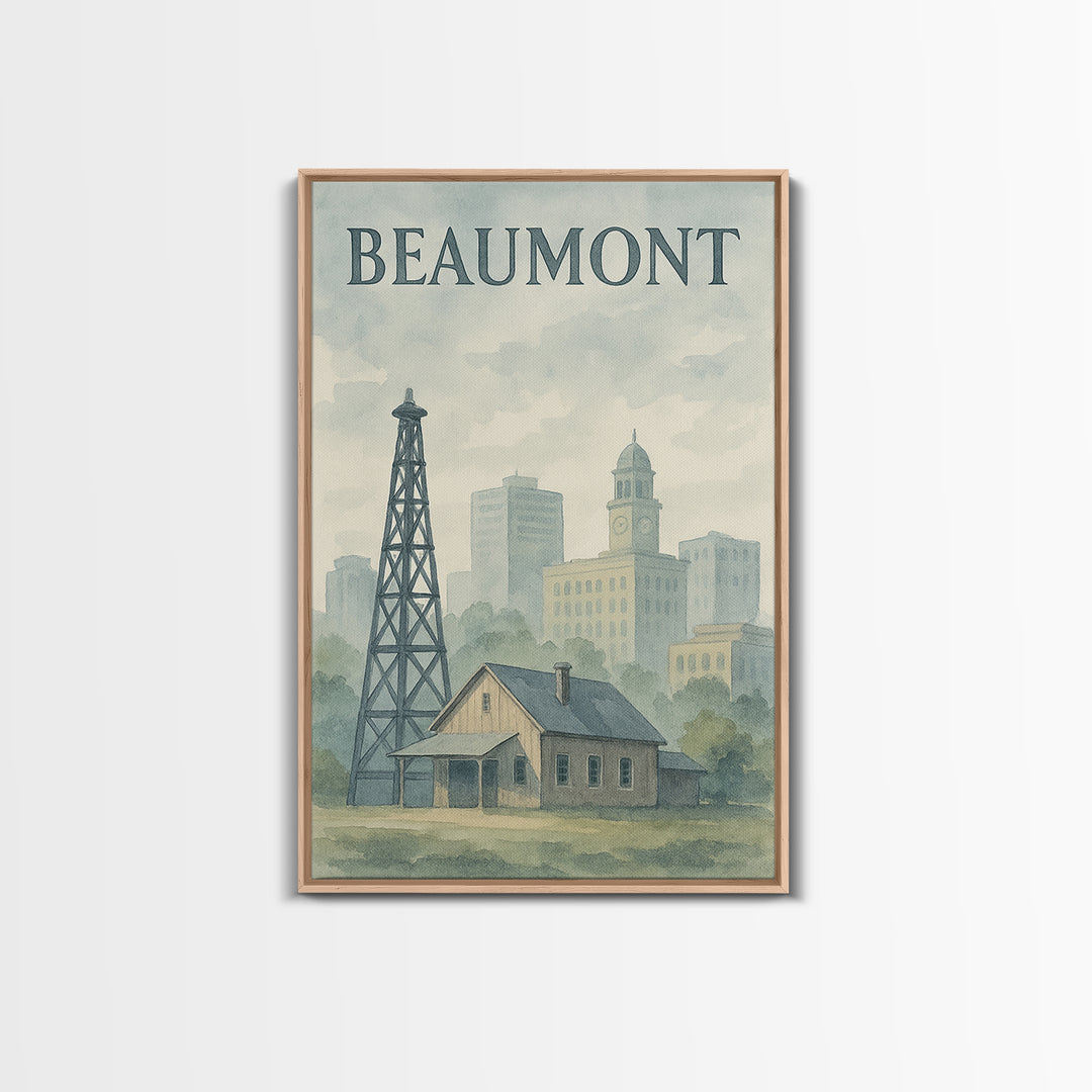 Beaumont Texas Travel Poster, Canvas Print, Painted Travel Poster Art, Beaumont Travel Art, Watercolor Urban Skyline, Living Room Wall Art