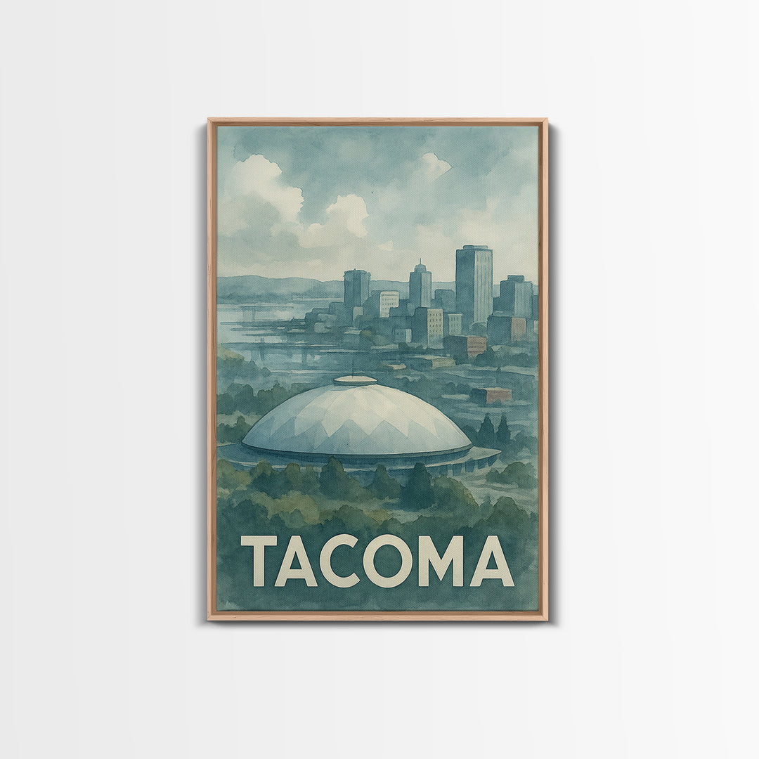Tacoma Washington Travel Poster, Framed Canvas Print, Soft Watercolor Travel Art, Tacoma Wall Art, Travel Poster Art, Watercolor Skyline Art