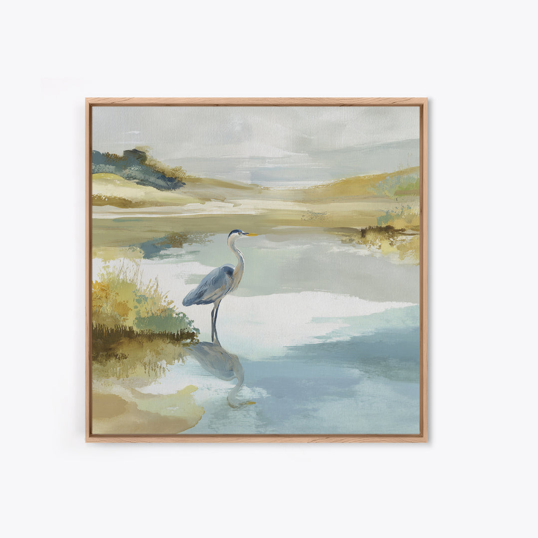 Blue Heron in Quiet Marsh Framed Canvas Print, Waiting Room Art, Wall Decor, Waiting Room Decor, Calm, Minimalist Wall Art, WRA-1x1-12