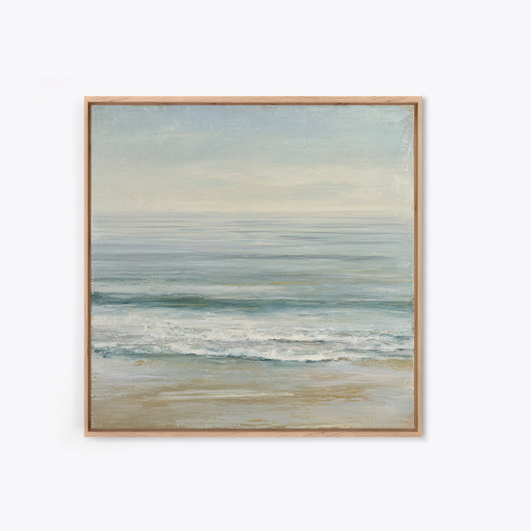 Coastal Horizon with Pale Sand and Water Framed Canvas Print, Waiting Room Art, Statement Artwork, Waiting Room Decor, Calm, WRA-1x1-57