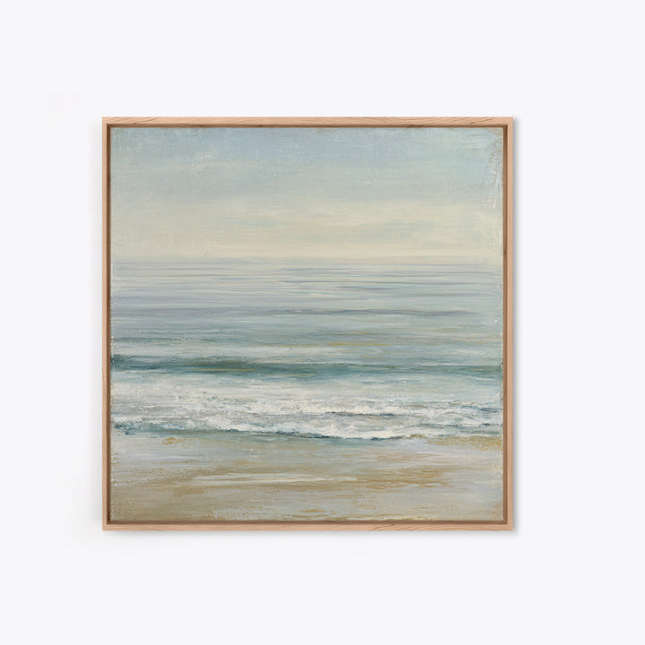 Coastal Horizon with Pale Sand and Water Framed Canvas Print, Waiting Room Art, Statement Artwork, Waiting Room Decor, Calm, WRA-1x1-57