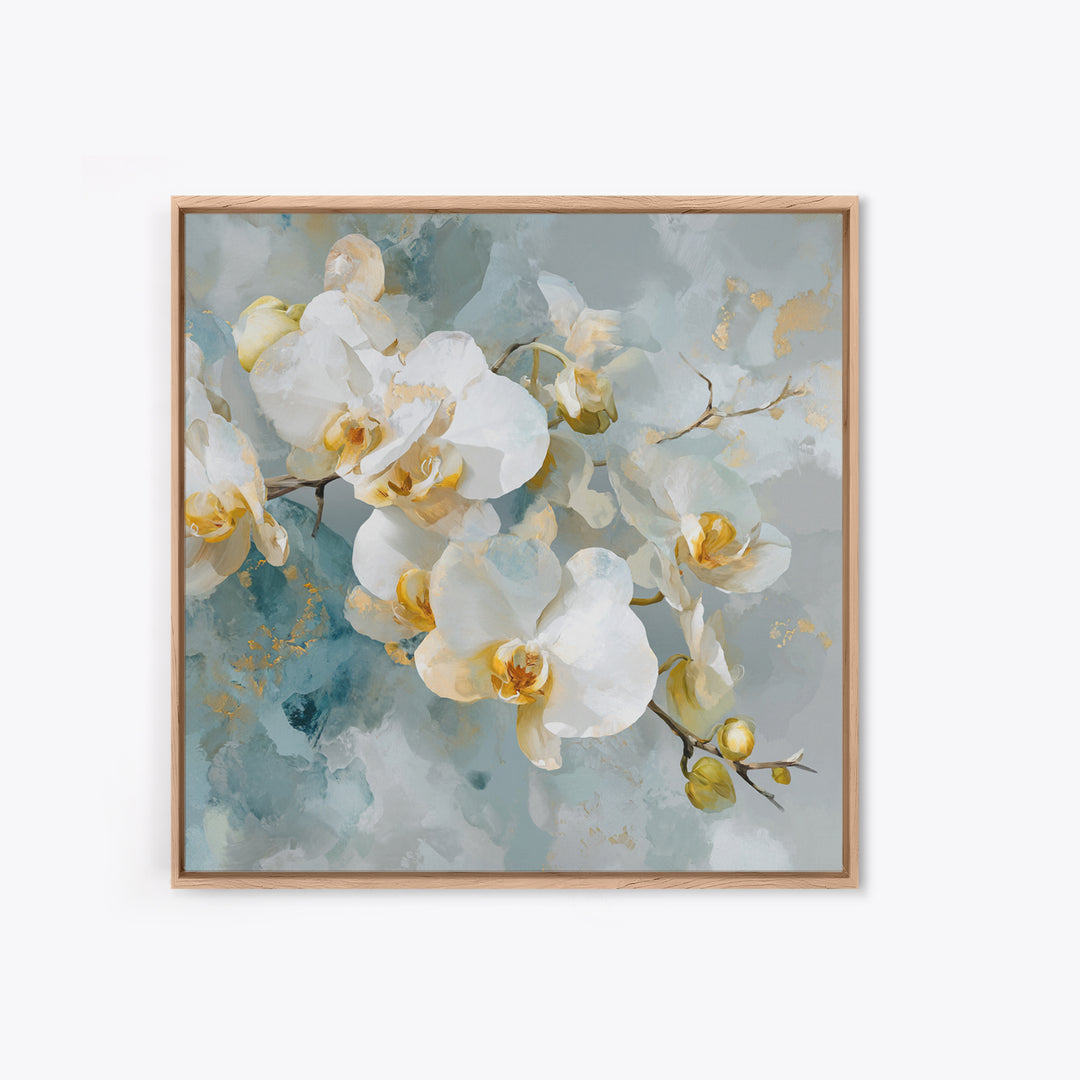 White Orchid on Light Gray Ground Framed Canvas Print, Waiting Room Art, Fine Art Print, Waiting Room Decor, Oil Painting, Calm, WRA-1x1-79