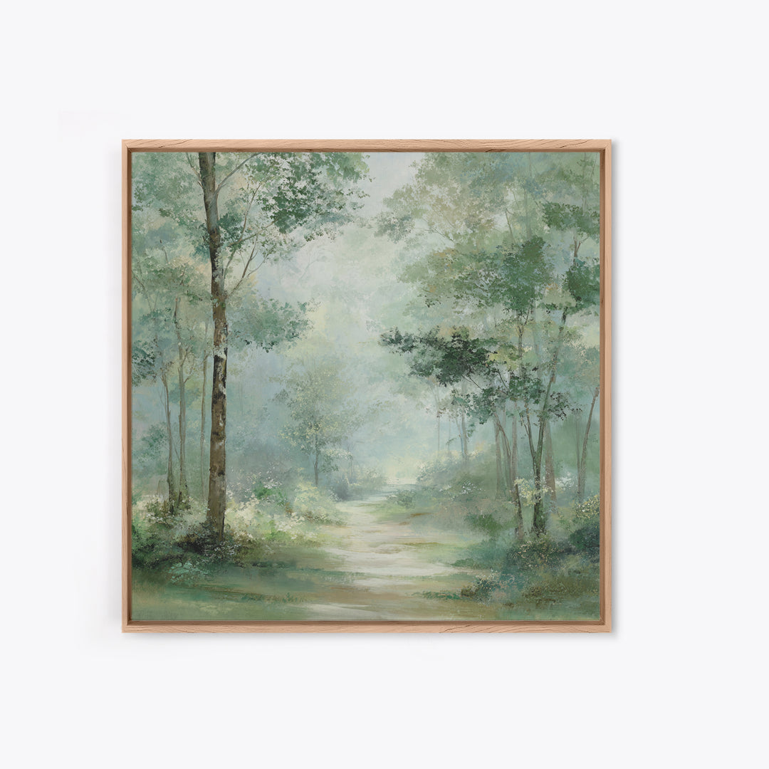 Misty Forest Path Framed Canvas Print, Waiting Room Art, Statement Artwork, Waiting Room Decor, Oil Painting, Calm, Wall Decor, WRA-1x1-83