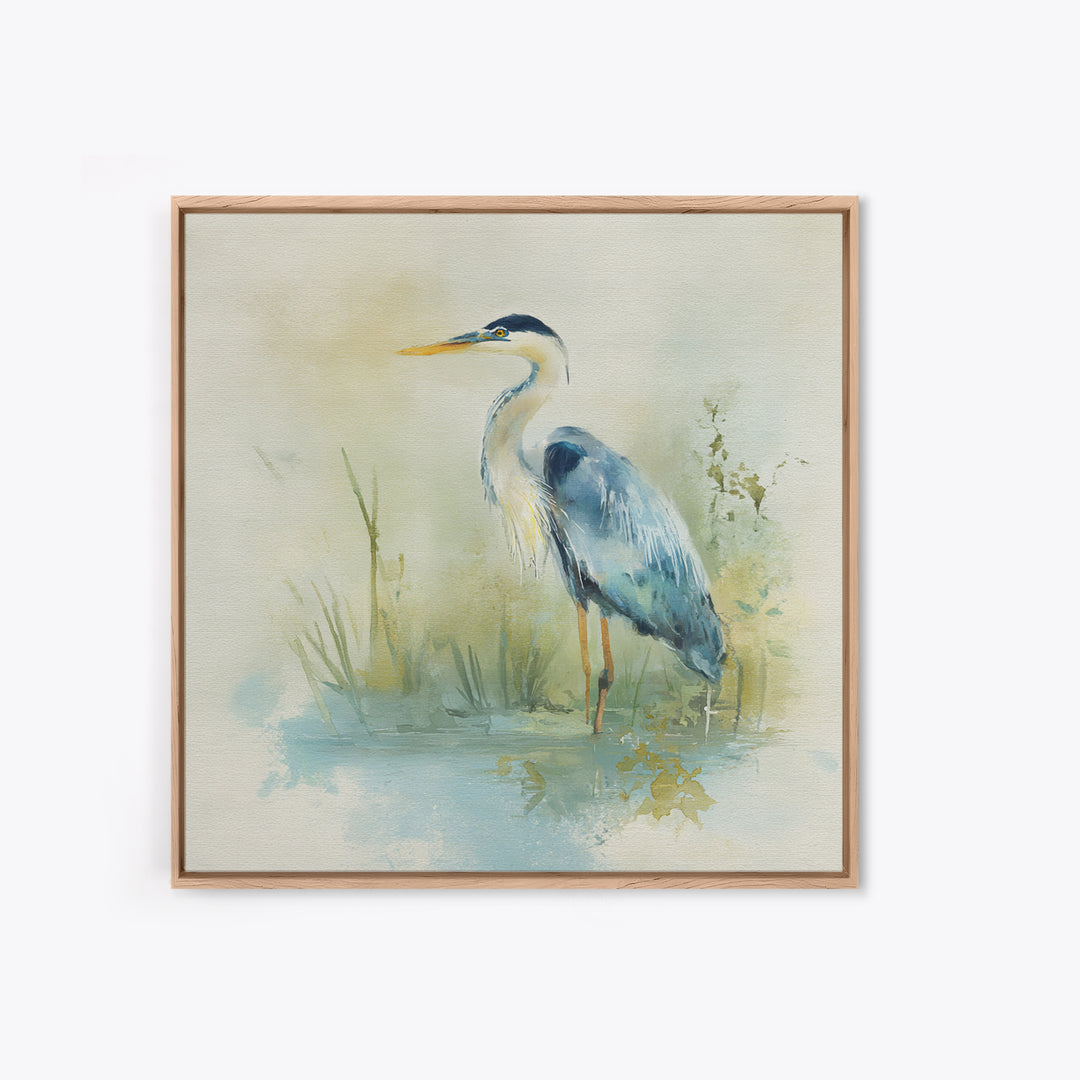 Blue Heron in Quiet Marsh Framed Canvas Print, Waiting Room Art, Therapy Office Decor, Waiting Room Decor, Abstract Art, Calm, WRA-1x1-84