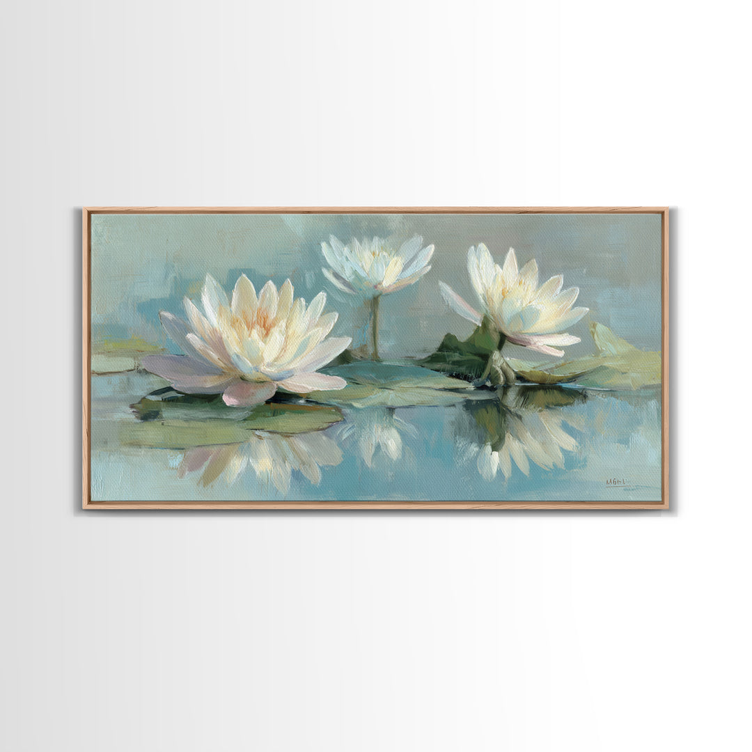 Lotus Flower on Still Water Framed Canvas Print, Waiting Room Art, Office Art, Waiting Room Decor, Calm, Gallery Decor, WRA-2x1-11