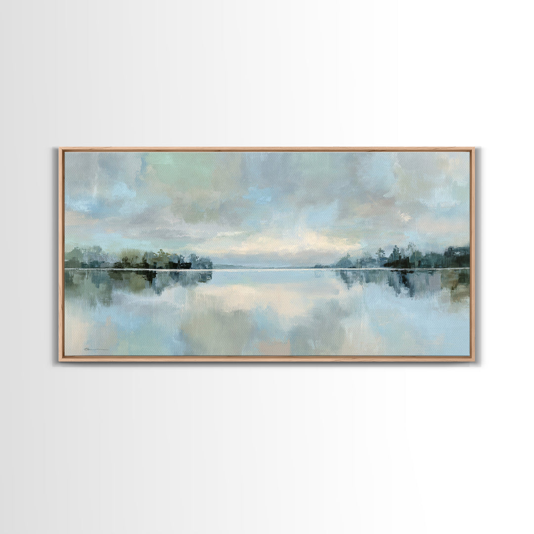 Peaceful Lake Reflection at Dawn Framed Canvas Print, Waiting Room Art, Waiting Room Decor, Oil Painting, Calm, WRA-2x1-24
