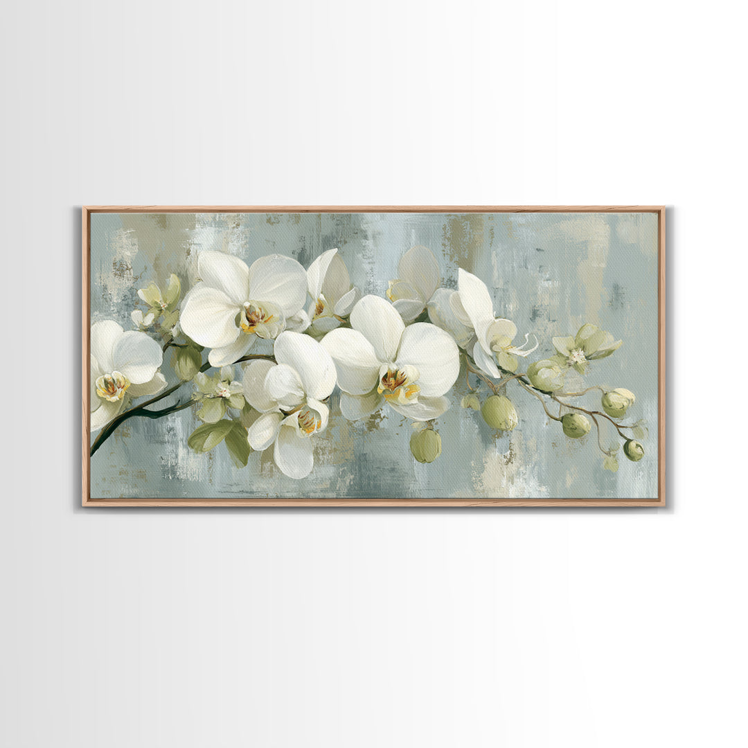 White Orchid on Light Gray Ground Framed Canvas Print, Waiting Room Art, Fine Art Print, Waiting Room Decor, Oil Painting, Calm, WRA-2x1-27
