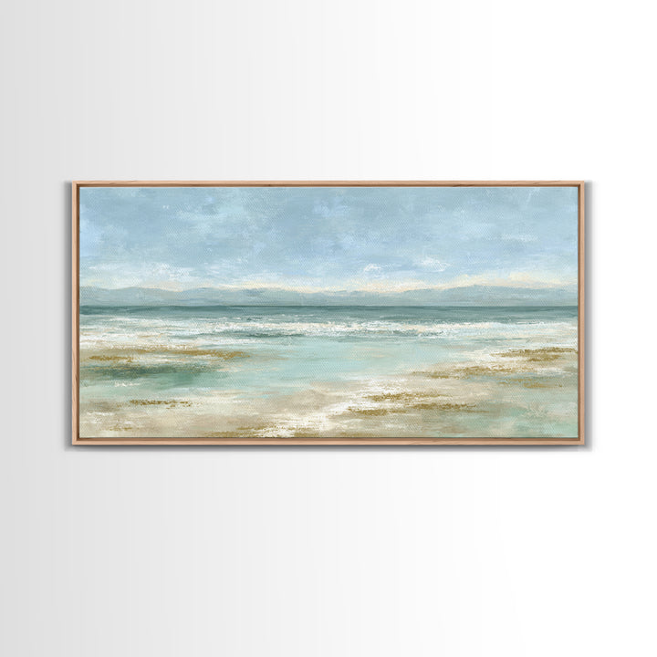 Coastal Horizon with Pale Sand and Water Framed Canvas Print, Waiting Room Art, Art, Waiting Room Decor, Fine Art, Calm, WRA-2x1-29
