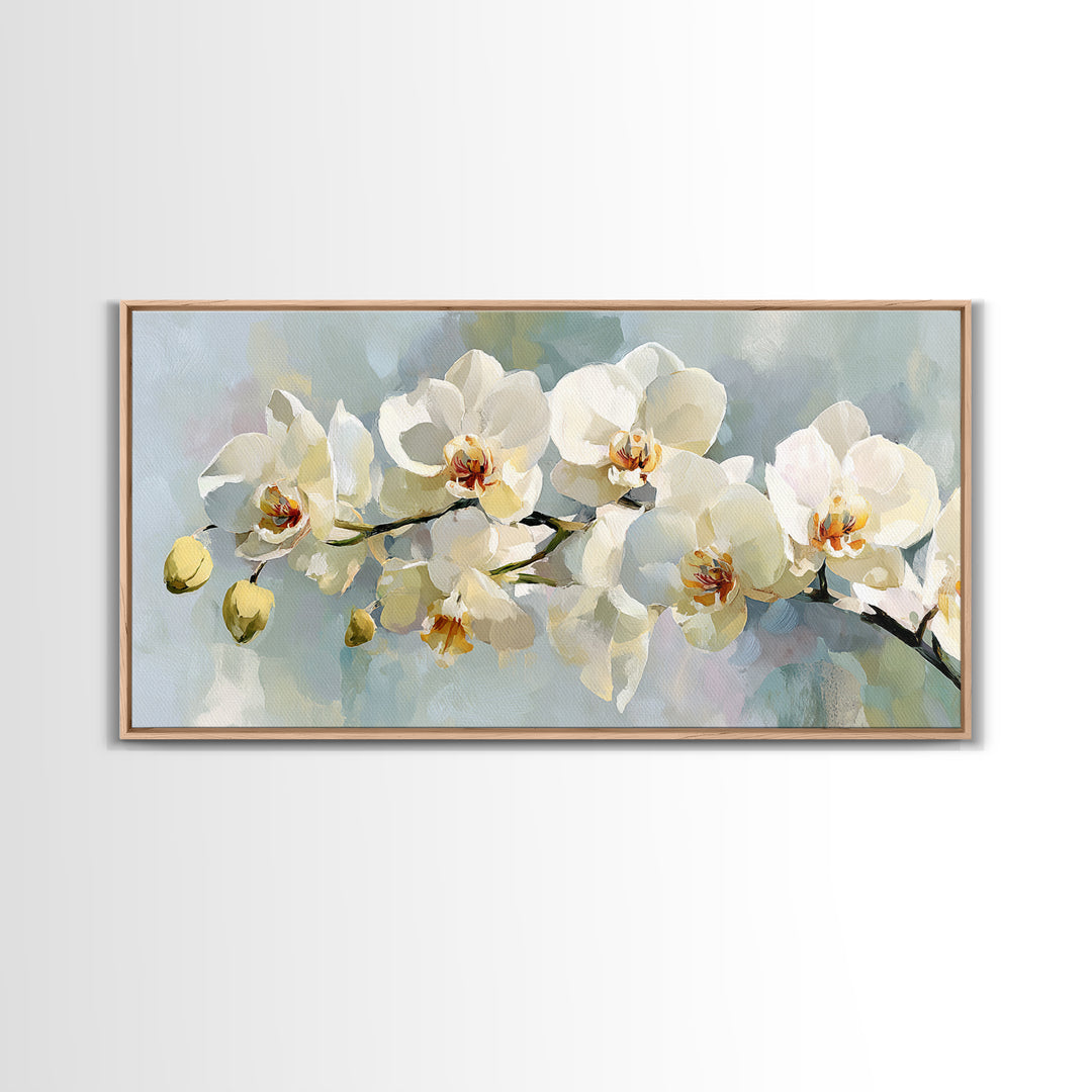White Orchid on Light Gray Ground Framed Canvas Print, Waiting Room Art, Wall Sculpture, Waiting Room Decor, Fine Art, Calm, WRA-2x1-3
