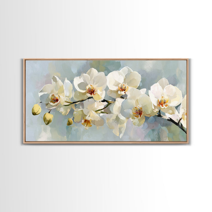 White Orchid on Light Gray Ground Framed Canvas Print, Waiting Room Art, Wall Sculpture, Waiting Room Decor, Fine Art, Calm, WRA-2x1-3