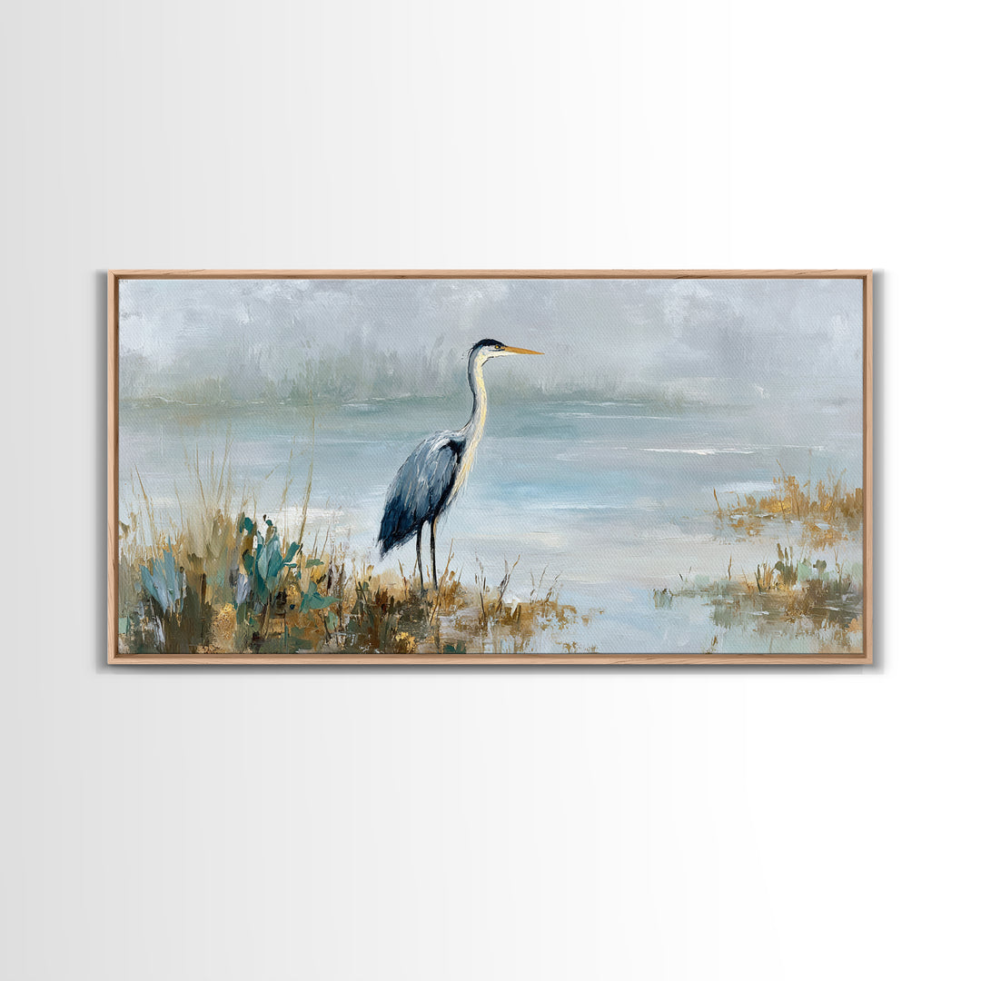 Blue Heron in Quiet Marsh Canvas Print, Waiting Room Art, Waiting Room Decor, Oil Painting, Calm, Living Room Wall Art, WRA-2x1-32