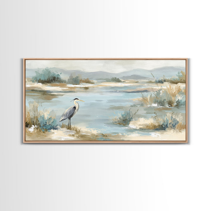 Blue Heron in Quiet Marsh Framed Canvas Print, Waiting Room Art, Office Decor, Waiting Room Decor, Calm, Gallery Wall Art, WRA-2x1-56