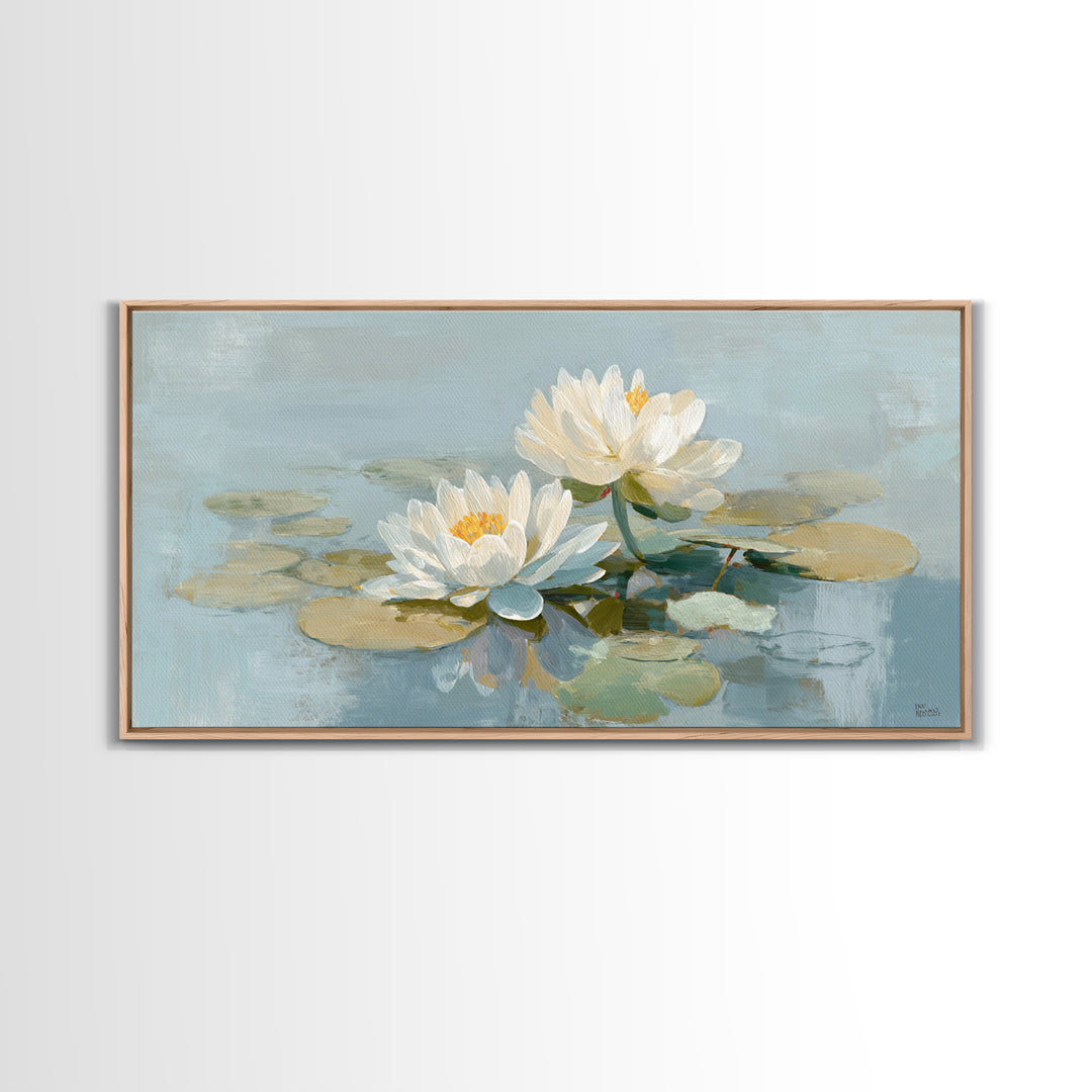 Lotus Flower on Still Water Framed Canvas Print, Waiting Room Art, Abstract, Waiting Room Decor, Watercolor Art, Calm, WRA-2x1-59