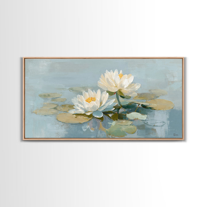 Lotus Flower on Still Water Framed Canvas Print, Waiting Room Art, Abstract, Waiting Room Decor, Watercolor Art, Calm, WRA-2x1-59