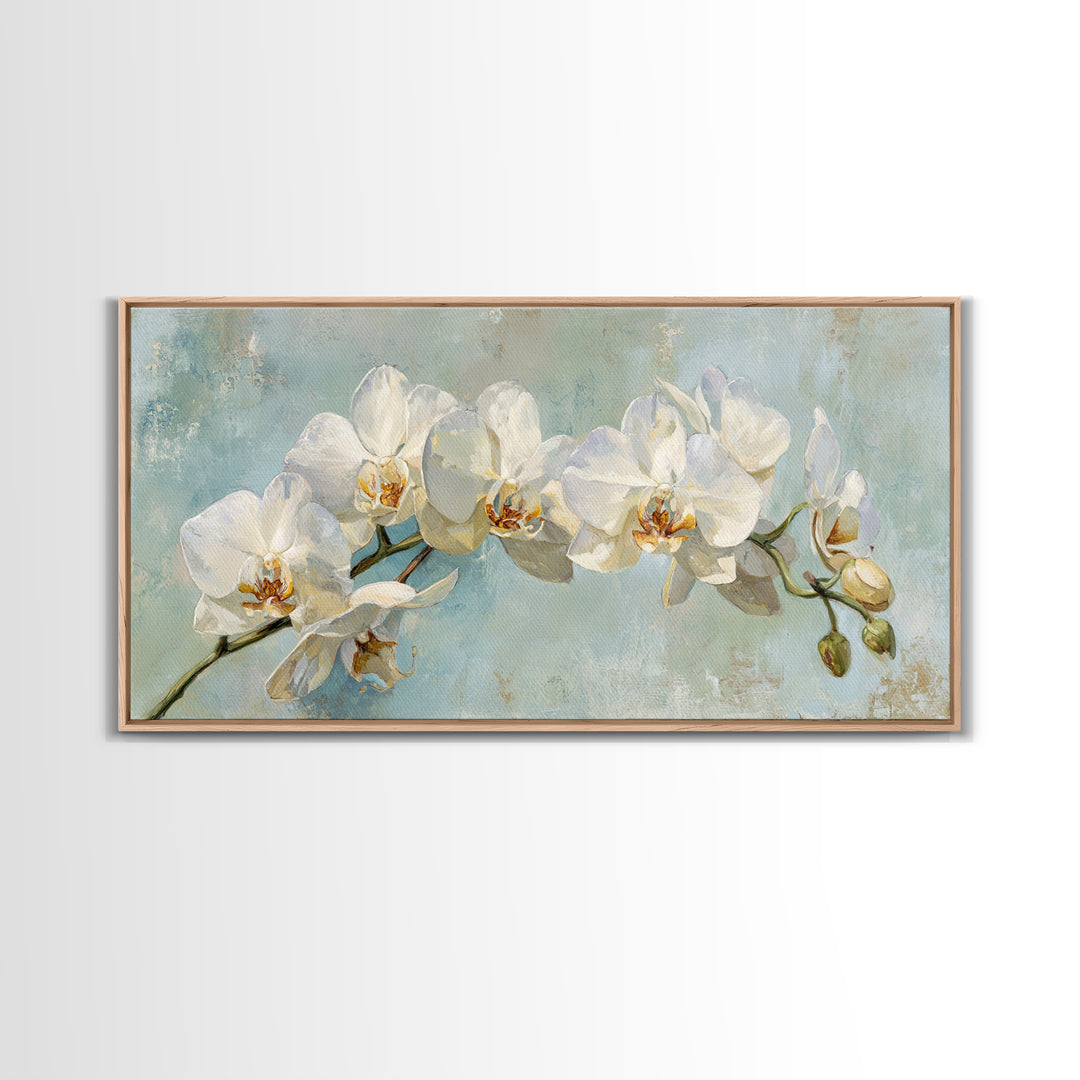 White Orchid on Light Gray Ground Framed Canvas Print, Waiting Room Art, Boho Decor, Waiting Room Decor, Fine Art, Calm, WRA-2x1-75