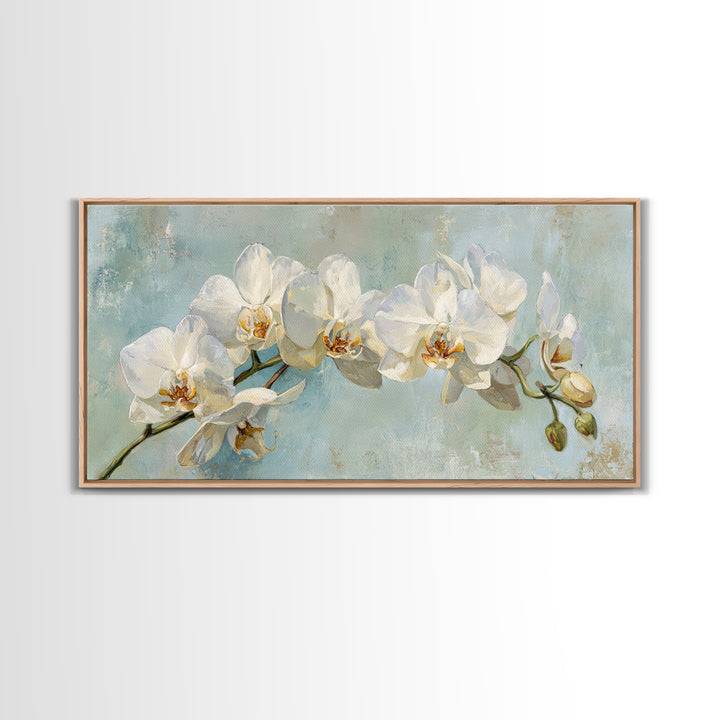 White Orchid on Light Gray Ground Framed Canvas Print, Waiting Room Art, Boho Decor, Waiting Room Decor, Fine Art, Calm, WRA-2x1-75