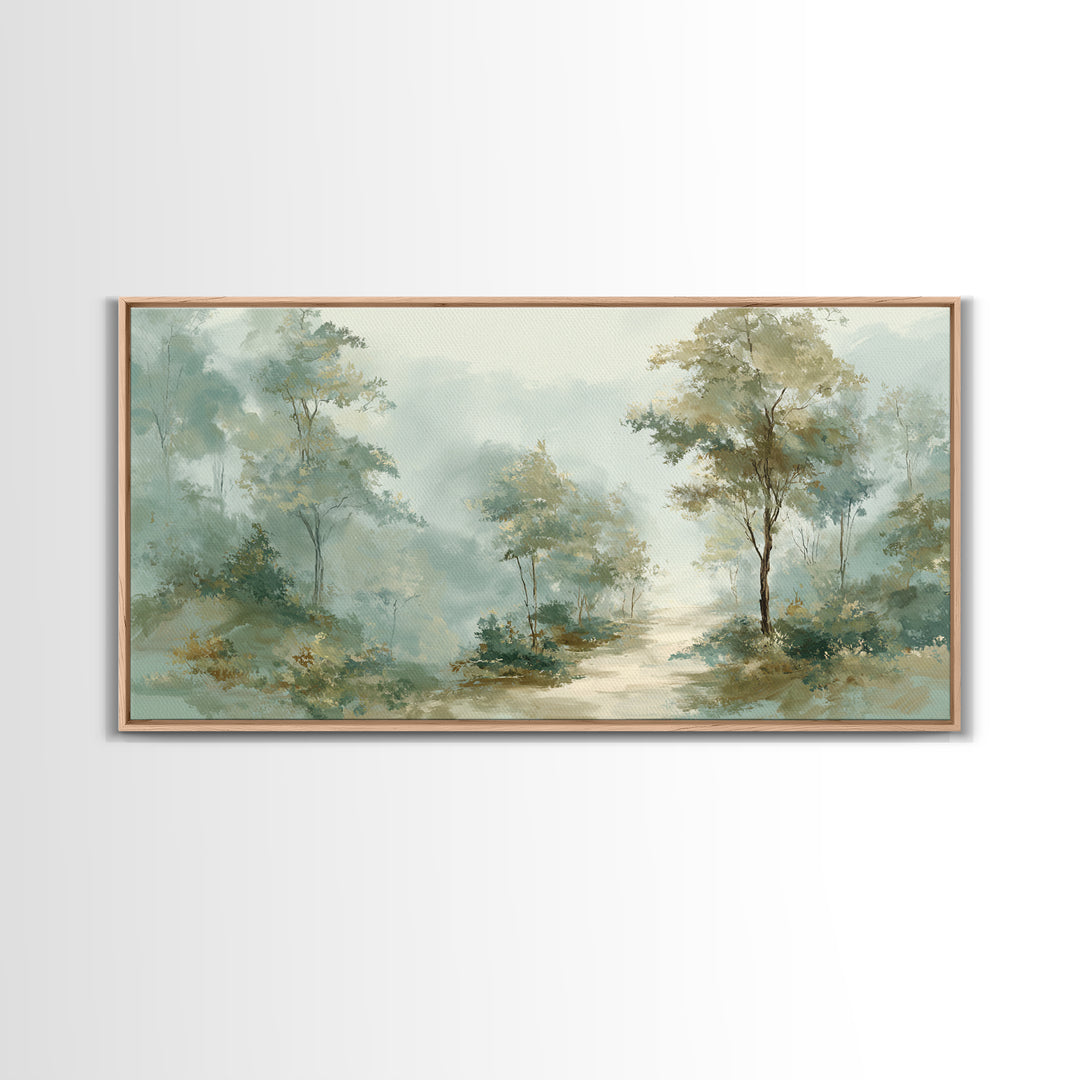 Misty Forest Path Framed Canvas Print, Waiting Room Art, Minimalist Art, Waiting Room Decor, Fine Art, Calm, Luxury Decor, WRA-2x1-79