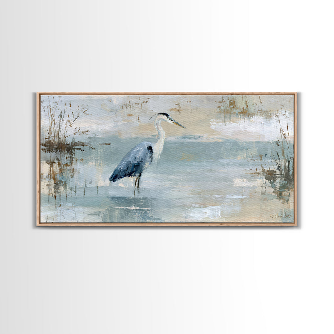 Blue Heron in Quiet Marsh Framed Canvas Print, Waiting Room Art, Office Wall Decor, Waiting Room Decor, Fine Art, Calm, WRA-2x1-80