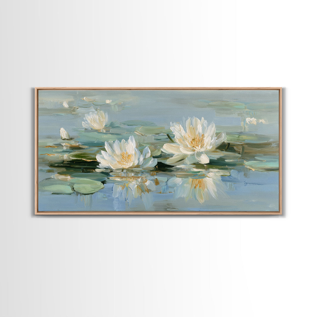 Lotus Flower on Still Water Framed Canvas Print, Waiting Room Art, Contemporary Art, Waiting Room Decor, Oil Painting, Calm, WRA-2x1-83