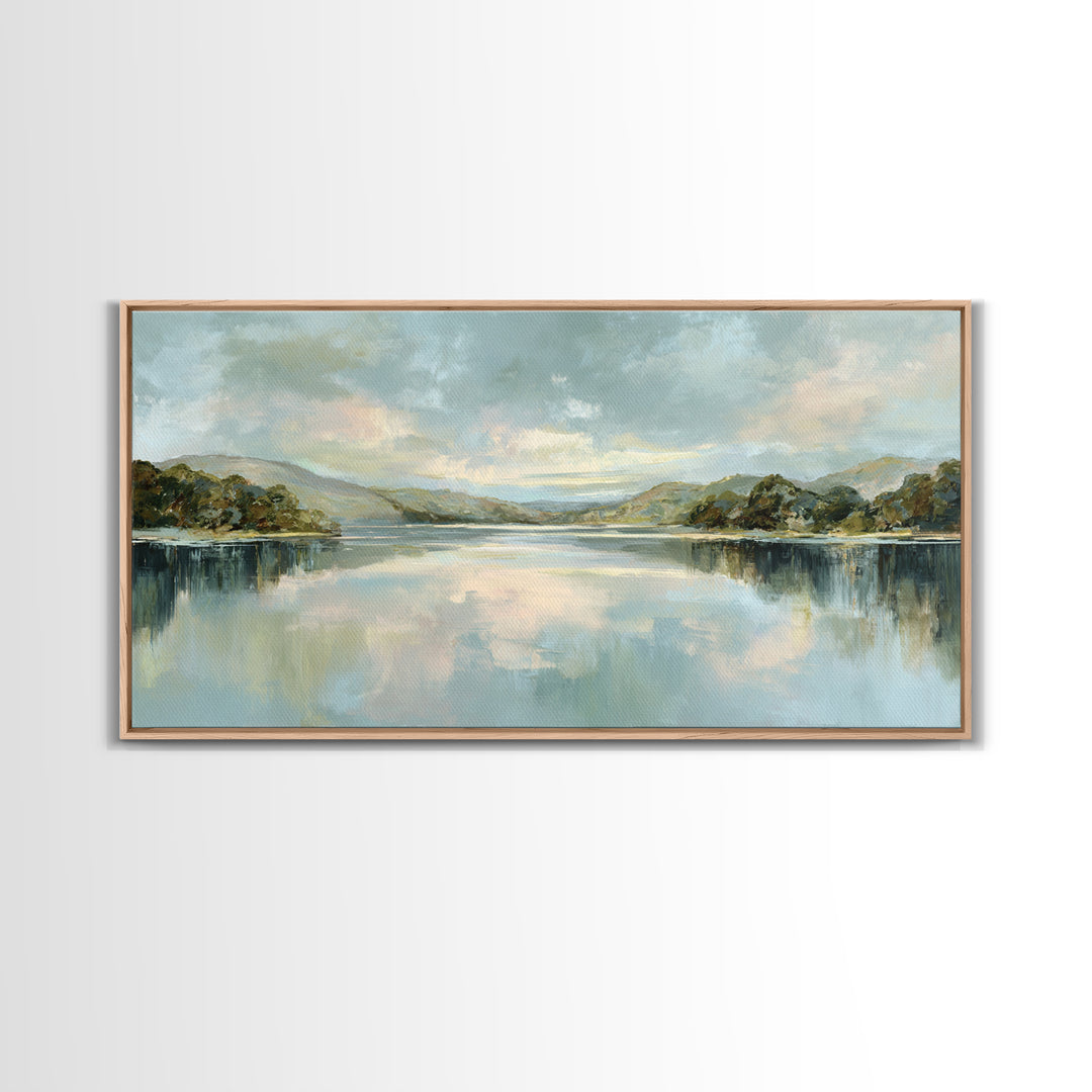 Peaceful Lake Reflection at Dawn Framed Canvas Print, Waiting Room Art, Abstract, Waiting Room Decor, Fine Art, Calm, WRA-2x1-96