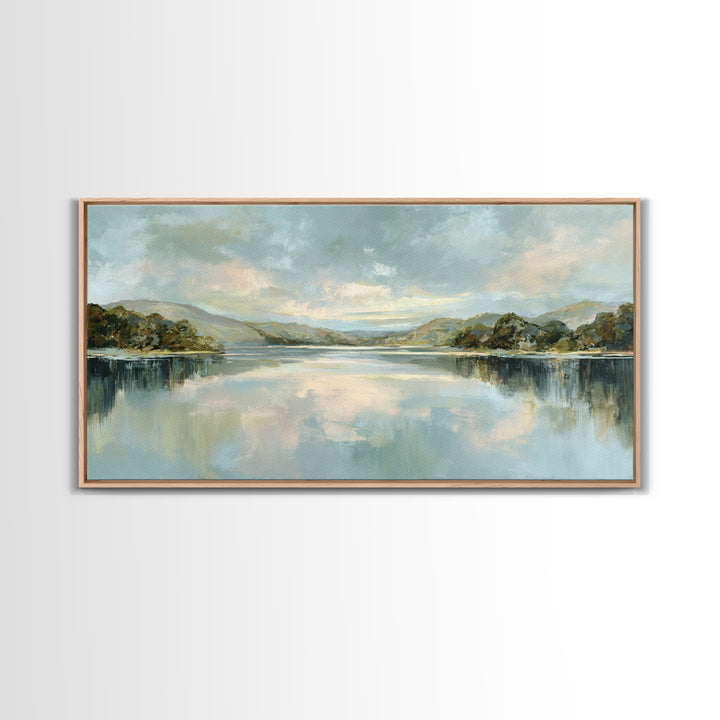 Peaceful Lake Reflection at Dawn Framed Canvas Print, Waiting Room Art, Abstract, Waiting Room Decor, Fine Art, Calm, WRA-2x1-96