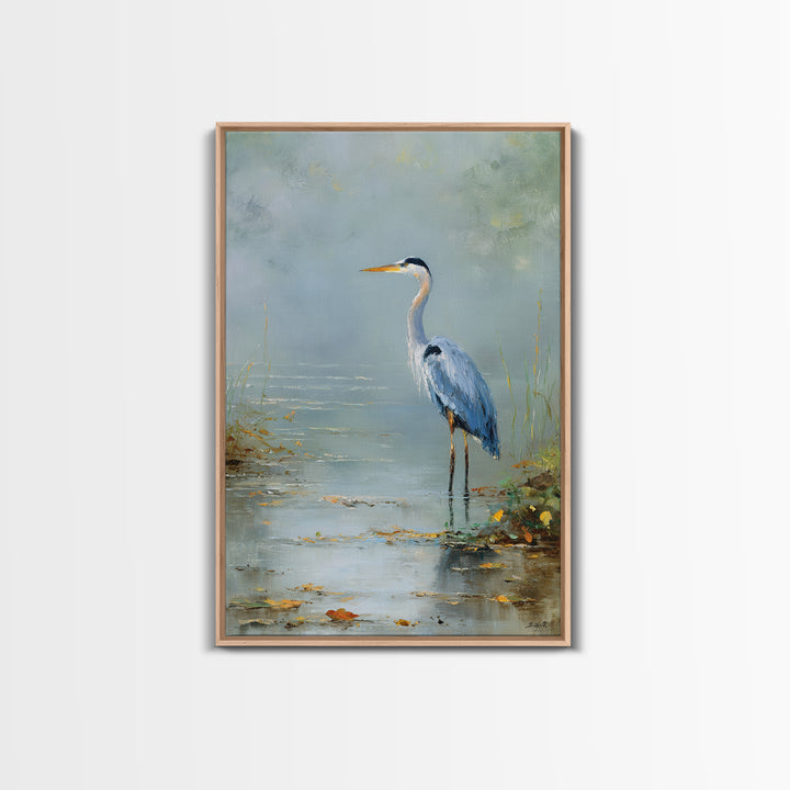 Blue Heron in Quiet Marsh Framed Canvas Print, Waiting Room Art, Original Art, Waiting Room Decor, Oil Painting, Calm, WRA-2x3-20