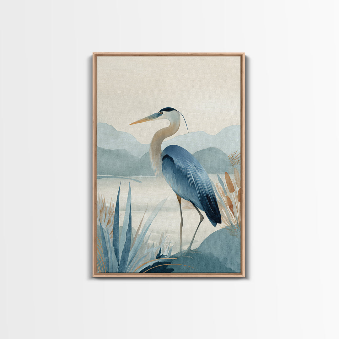 Blue Heron in Quiet Marsh Framed Canvas Print, Waiting Room Art, Fine Art, Waiting Room Decor, Watercolor Art, Calm, WRA-2x3-44