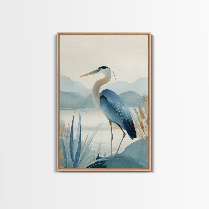 Blue Heron in Quiet Marsh Framed Canvas Print, Waiting Room Art, Fine Art, Waiting Room Decor, Watercolor Art, Calm, WRA-2x3-44
