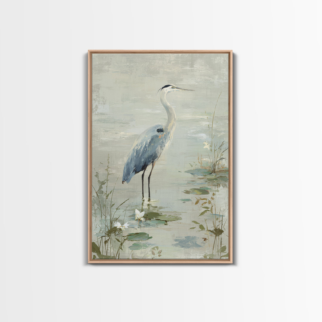 Blue Heron in Quiet Marsh Framed Canvas Print, Waiting Room Art, Bedroom Decor, Waiting Room Decor, Fine Art, Calm, Abstract, WRA-2x3-68