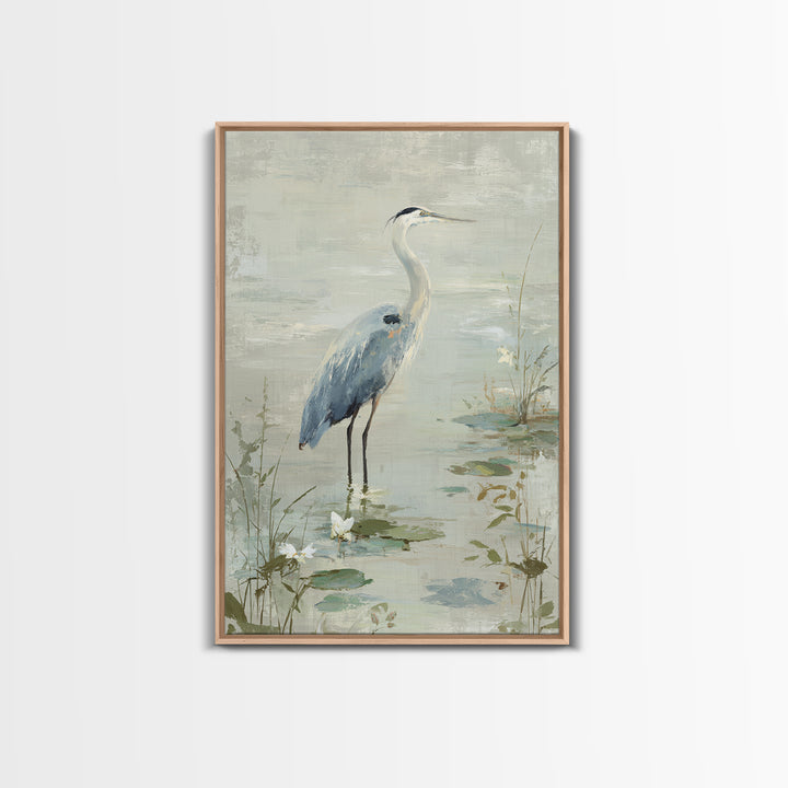 Blue Heron in Quiet Marsh Framed Canvas Print, Waiting Room Art, Bedroom Decor, Waiting Room Decor, Fine Art, Calm, Abstract, WRA-2x3-68