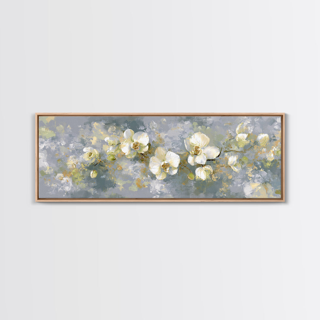 White Orchid on Light Gray Ground Framed Canvas Print, Waiting Room Art, Boho Decor, Waiting Room Decor, Fine Art, Calm, WRA-3x1-23