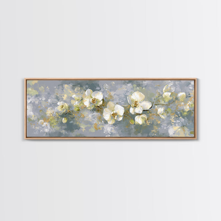 White Orchid on Light Gray Ground Framed Canvas Print, Waiting Room Art, Boho Decor, Waiting Room Decor, Fine Art, Calm, WRA-3x1-23
