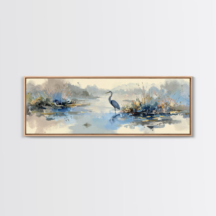 Blue Heron in Quiet Marsh Framed Canvas Print, Waiting Room Art, Dental Art, Waiting Room Decor, Oil Painting, Calm, WRA-3x1-28