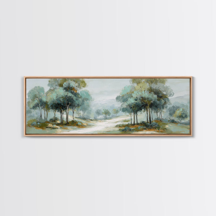 Misty Forest Path Framed Canvas Print, Waiting Room Art, Waiting Room Decor, Oil Painting, Calm, Office Wall Decor, WRA-3x1-51