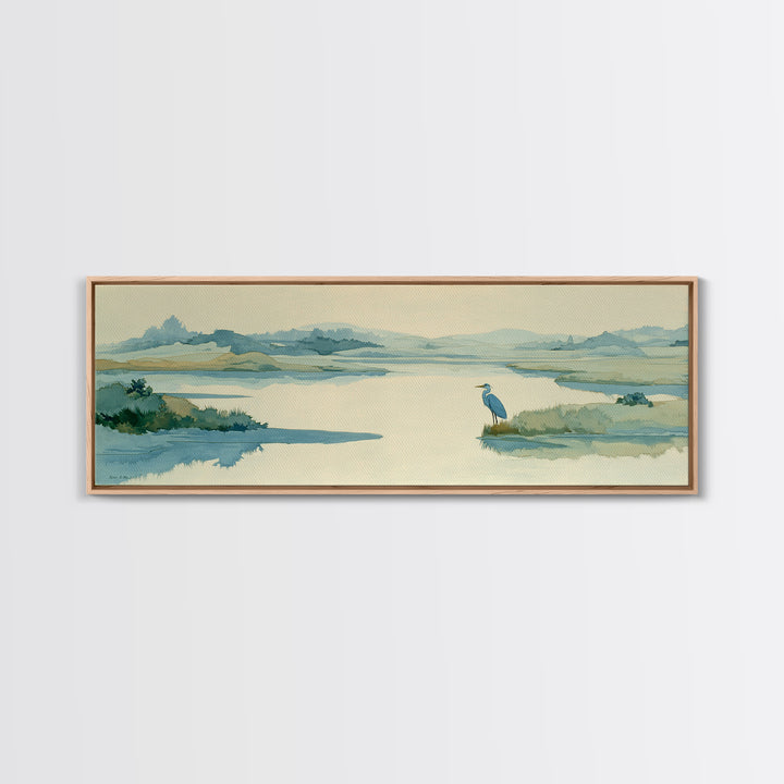 Blue Heron in Quiet Marsh Framed Canvas Print, Waiting Room Art, Room Decor, Waiting Room Decor, Abstract Art, Calm, WRA-3x1-52
