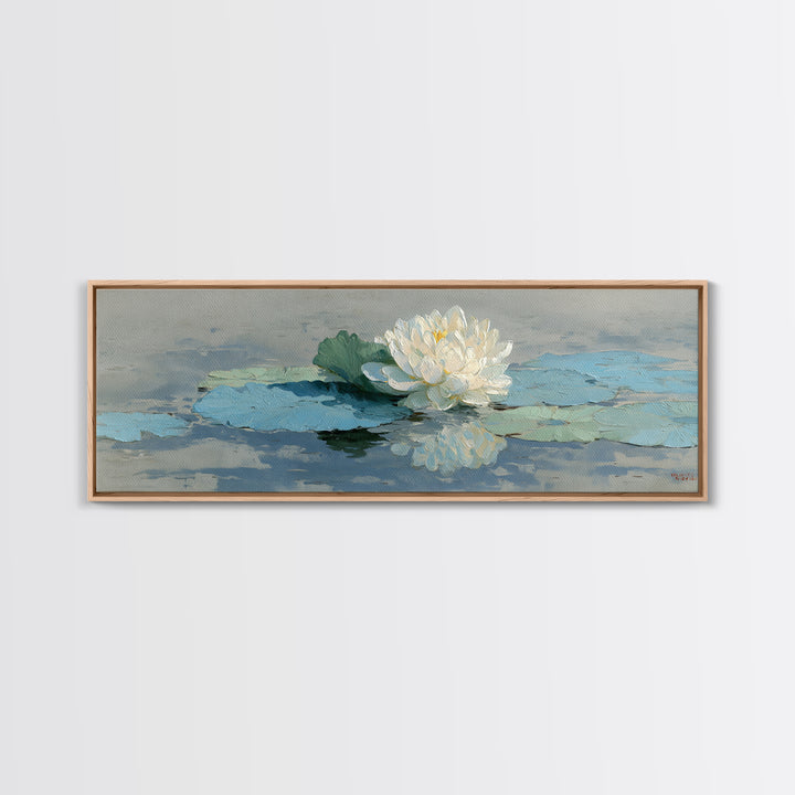 Lotus Flower on Still Water Framed Canvas Print, Waiting Room Art, Contemporary Art, Waiting Room Decor, Oil Painting, Calm, WRA-3x1-55