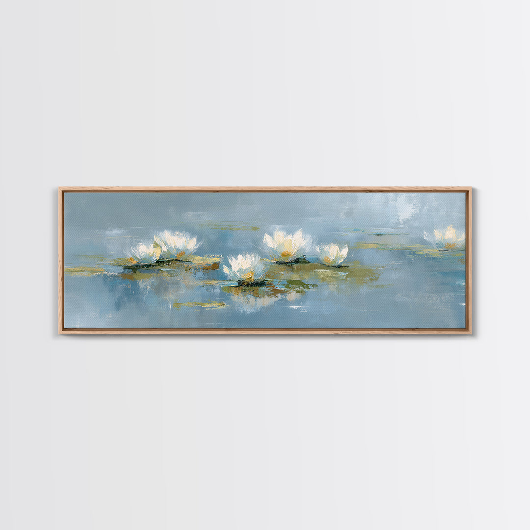 Lotus Flower on Still Water Framed Canvas Print, Waiting Room Art, Neutral Decor, Waiting Room Decor, Fine Art, Calm, WRA-3x1-7