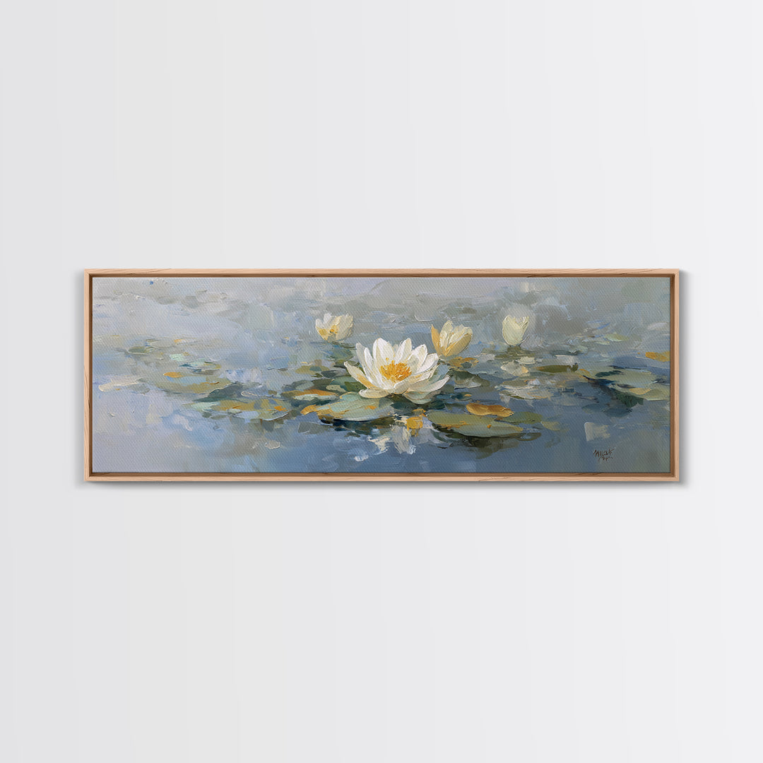 Lotus Flower on Still Water Framed Canvas Print, Waiting Room Art, Wall Sculpture, Waiting Room Decor, Watercolor Art, Calm, WRA-3x1-79