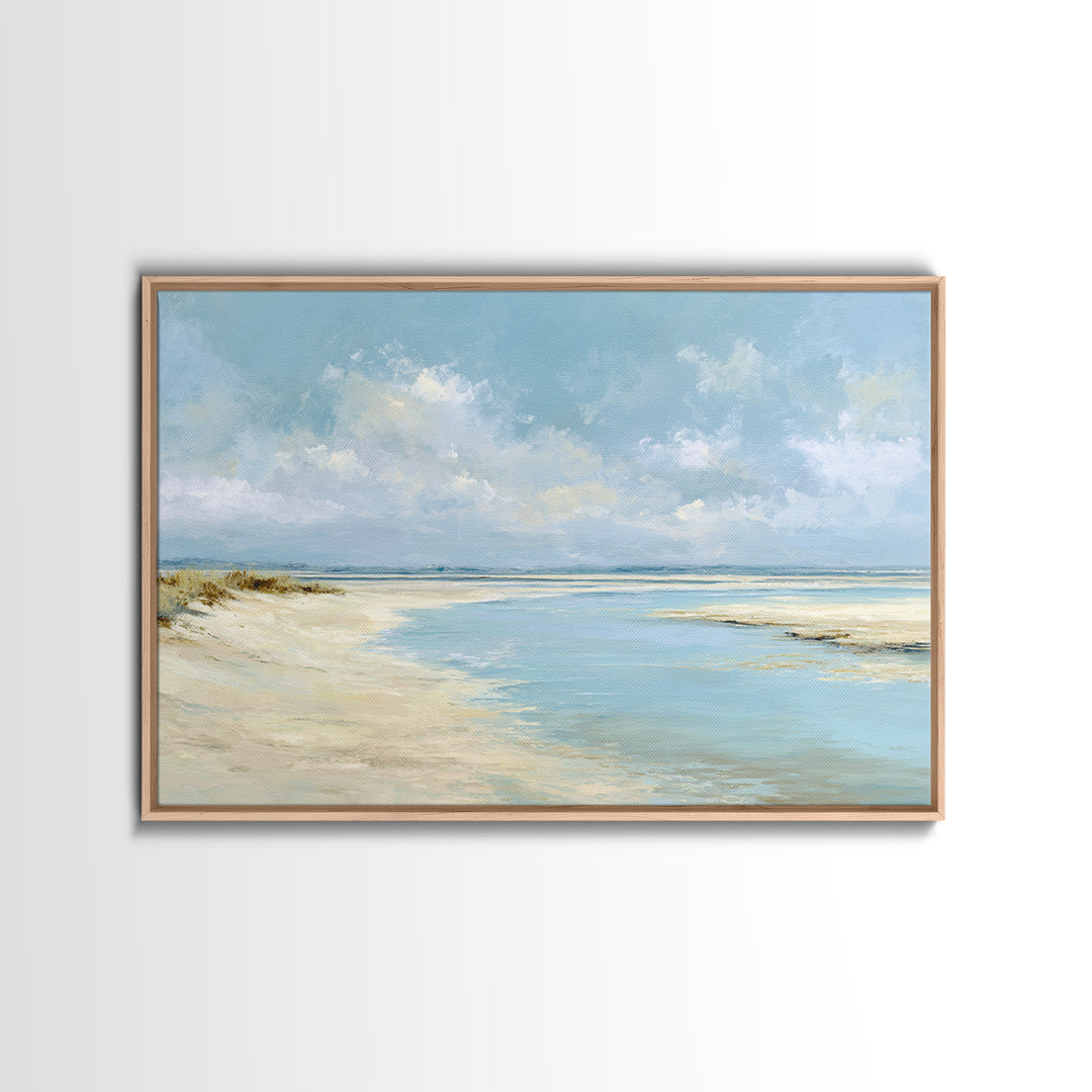 Coastal Horizon with Pale Sand and Water Framed Canvas Print, Waiting Room Art, Minimalist Wall Art, Waiting Room Decor, Calm, WRA-3x2-13