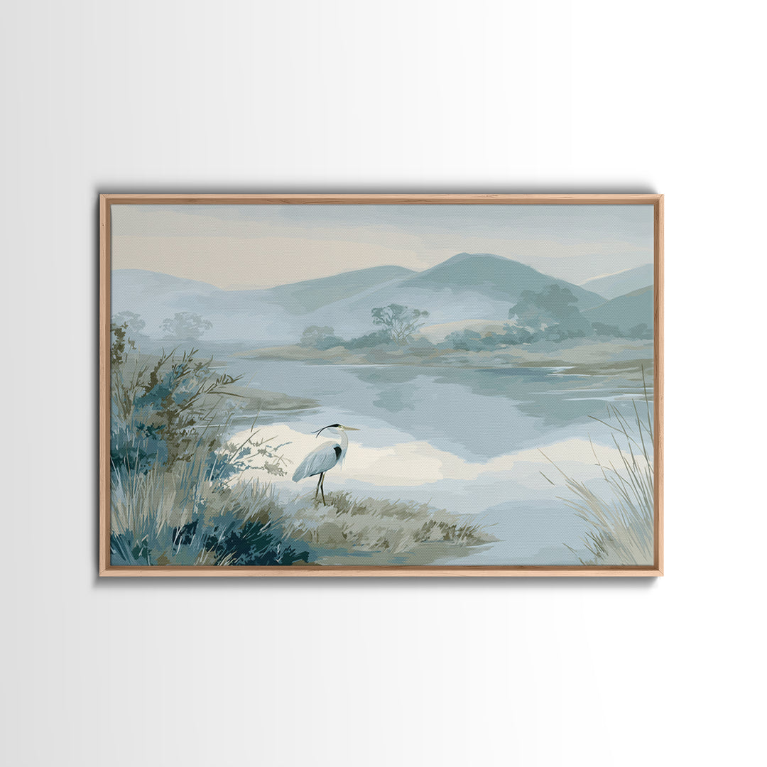Blue Heron in Quiet Marsh Framed Canvas Print, Waiting Room Art, Landscape, Waiting Room Decor, Oil Painting, Calm, WRA-3x2-40