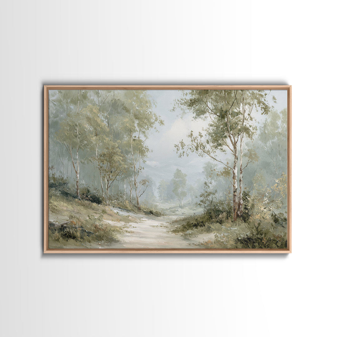 Misty Forest Path Framed Canvas Print, Waiting Room Art, Wall Sculpture, Waiting Room Decor, Oil Painting, Calm, Dog Wall Art, WRA-3x2-63