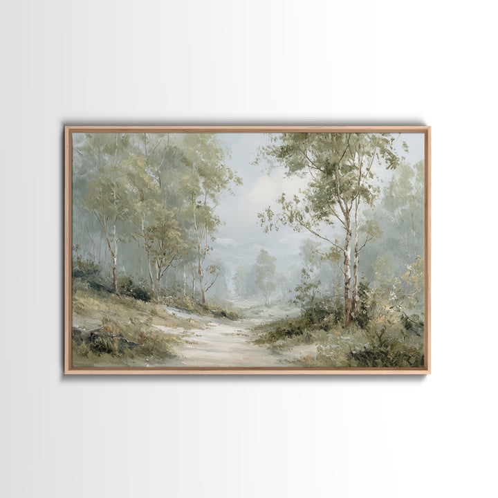 Misty Forest Path Framed Canvas Print, Waiting Room Art, Wall Sculpture, Waiting Room Decor, Oil Painting, Calm, Dog Wall Art, WRA-3x2-63