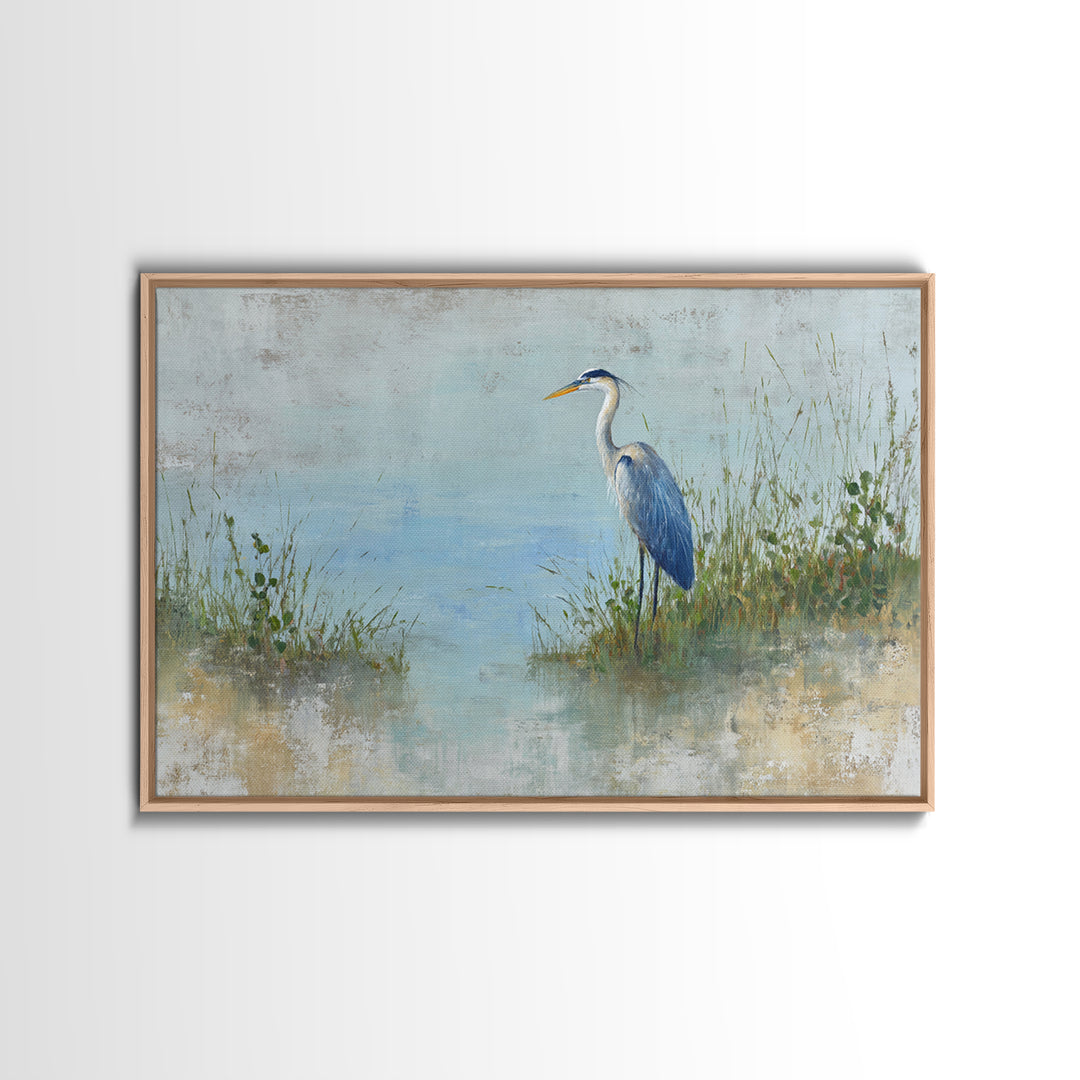 Blue Heron in Quiet Marsh Framed Canvas Print, Waiting Room Art, Gallery Decor, Waiting Room Decor, Abstract Art, Calm, WRA-3x2-64