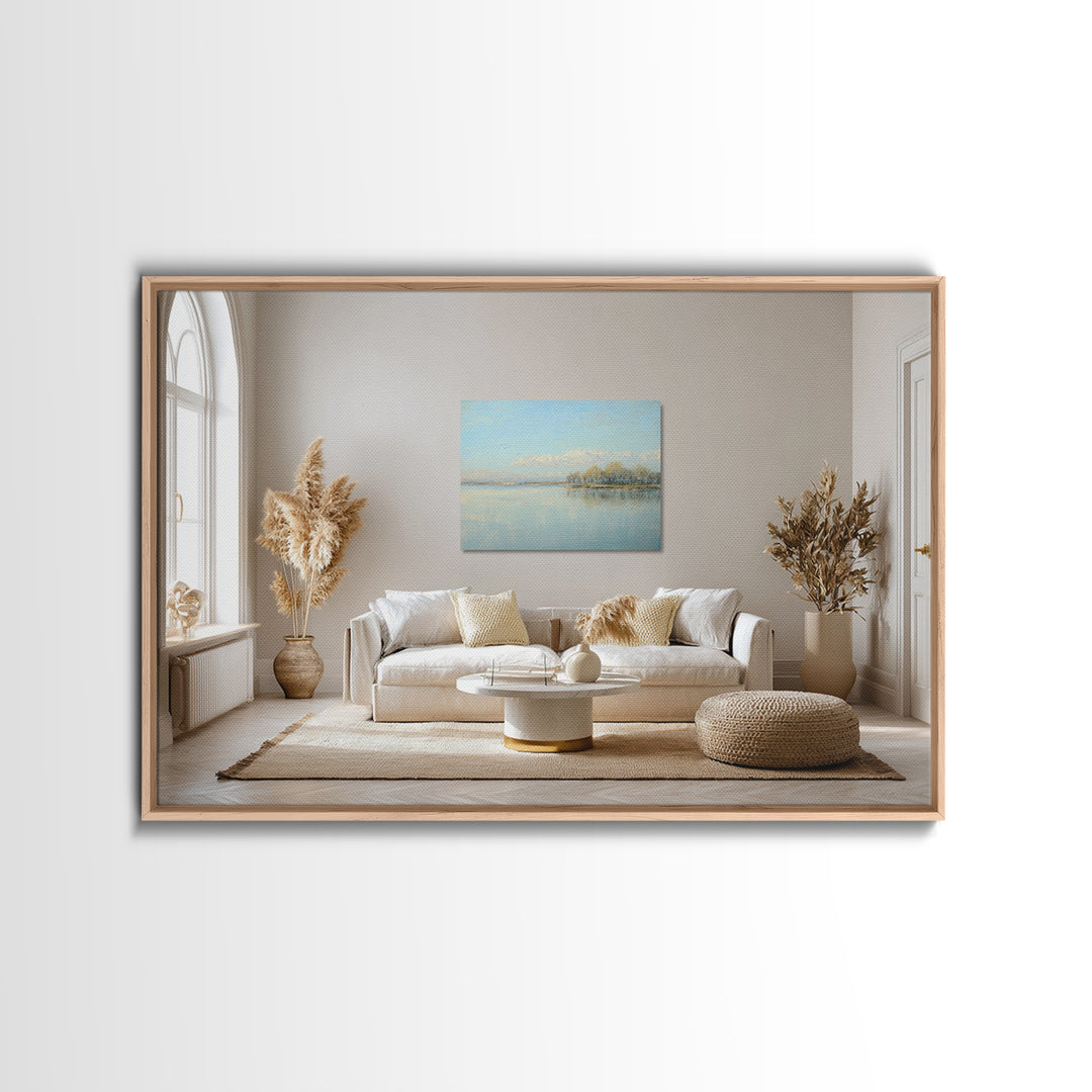 Peaceful Lake Reflection at Dawn Framed Canvas Print, Waiting Room Art, Living Room Wall Art, Waiting Room Decor, Calm, WRA-3x2-8