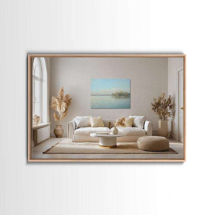 Peaceful Lake Reflection at Dawn Framed Canvas Print, Waiting Room Art, Living Room Wall Art, Waiting Room Decor, Calm, WRA-3x2-8