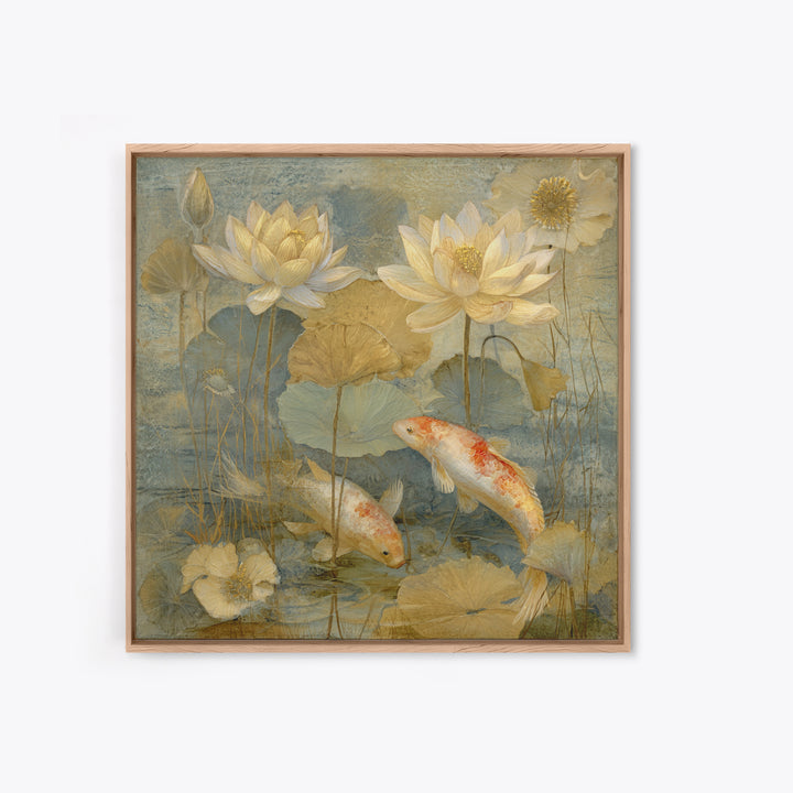 Lotus and Koi Water Scene Framed Canvas Print, Yoga Studio Art, Minimalist Art, Yoga Studio Decor, Fine Art, Balance, YSA-1x1-46