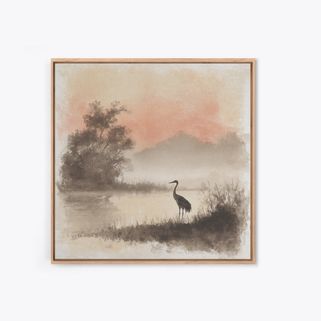 White Crane in Misty Morning Framed Canvas Print, Yoga Studio Art, Gym Art, Yoga Studio Decor, Balance, Minimalist Decor, YSA-1x1-63