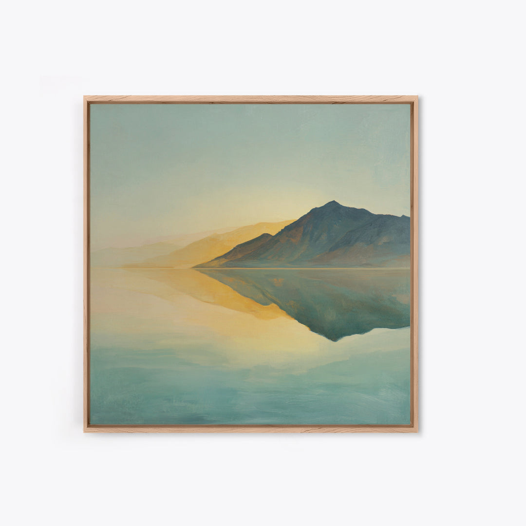 Sunrise Mountain Lake Reflection Framed Canvas Print, Yoga Studio Art, Boho Art, Yoga Studio Decor, Oil Painting, Balance, YSA-1x1-68